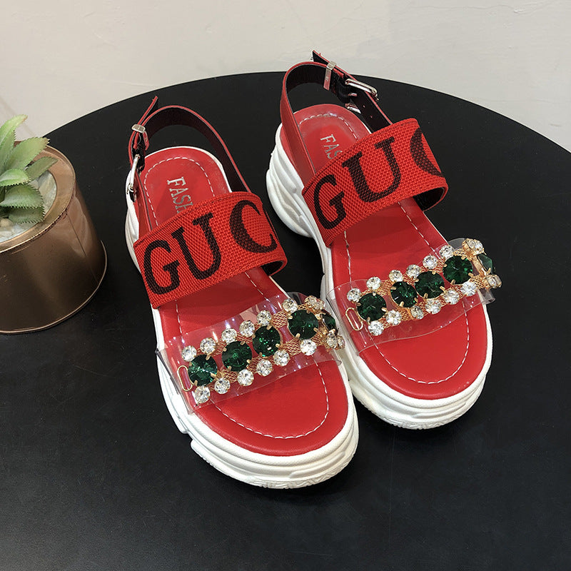 Net Red Rhinestone Sandals Female Ins Tide New Summer Hollow Sponge Cake Thick Bottom Word With Roman Beach Shoes