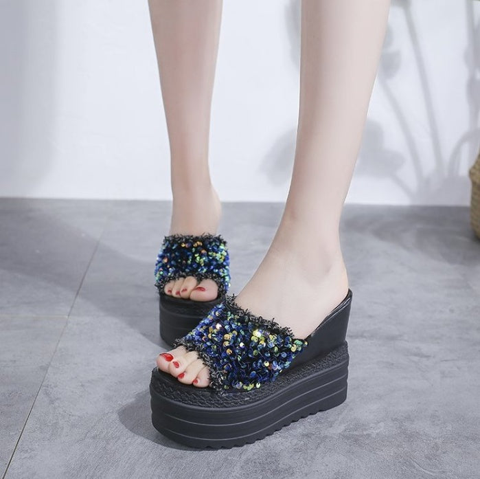 Korean Version Of High-heeled Slippers Women Summer New Women's Shoes Thick-soled Flip-flops With Sandals And Slippers With Rhinestones