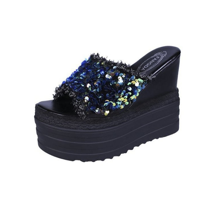 Korean Version Of High-heeled Slippers Women Summer New Women's Shoes Thick-soled Flip-flops With Sandals And Slippers With Rhinestones