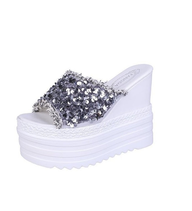 Korean Version Of High-heeled Slippers Women Summer New Women's Shoes Thick-soled Flip-flops With Sandals And Slippers With Rhinestones