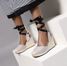 Summer New Slope Heel Waterproof Platform Splicing Strap Hollow Linen Rope Small Flat Sandals Large Size