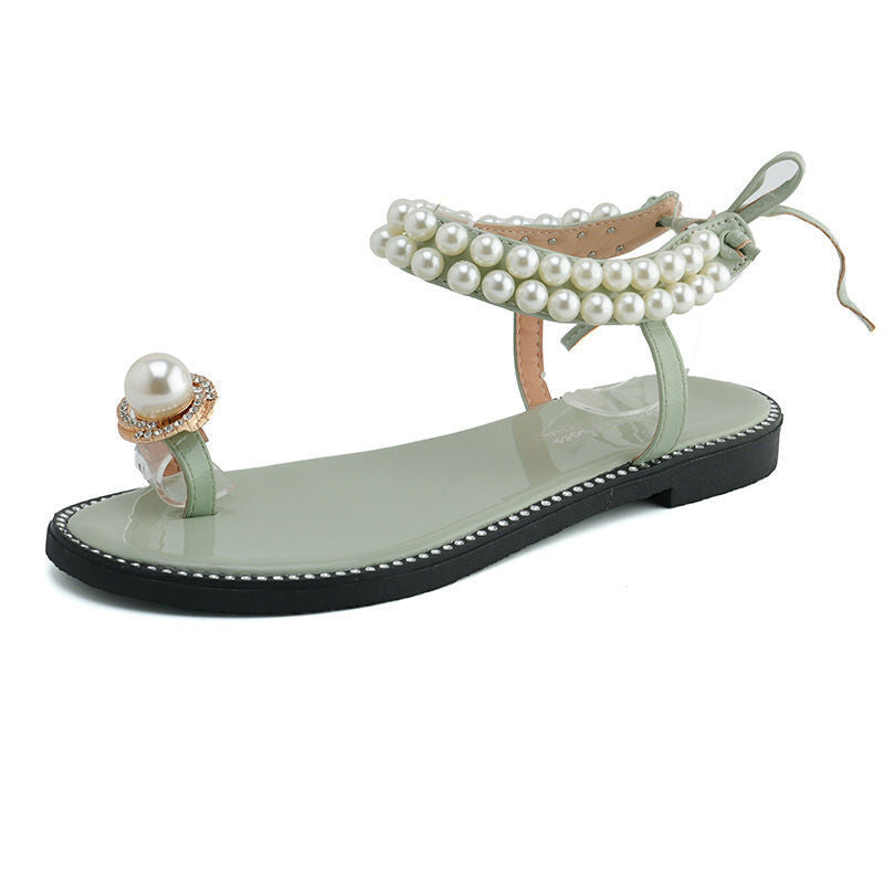 Net Red Female Student Korean New Pearl Flip-Flop Flat Sandals Female Summer Fairy Style Strap Black Flat Sandals