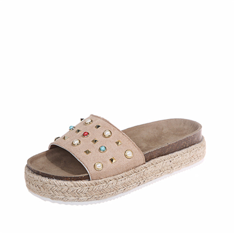 Wish Amazon New Slippers Women Summer New Fashion Rivets One Word Outside Wear Large Size Sandals And Slippers Women