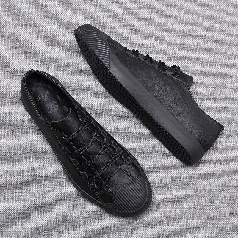 Leather Casual Shoes Korean Breathable Black Lace-up Sneaker Shoes