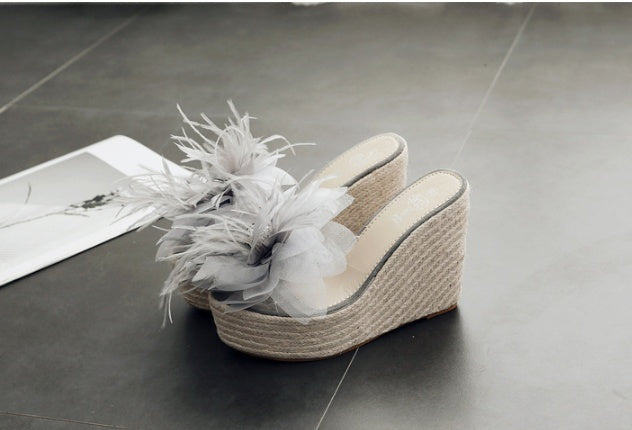Summer thick bottom slope with Korean version of the big flower flip flops sandals