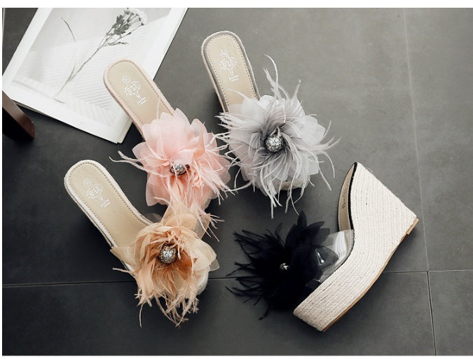 Summer thick bottom slope with Korean version of the big flower flip flops sandals