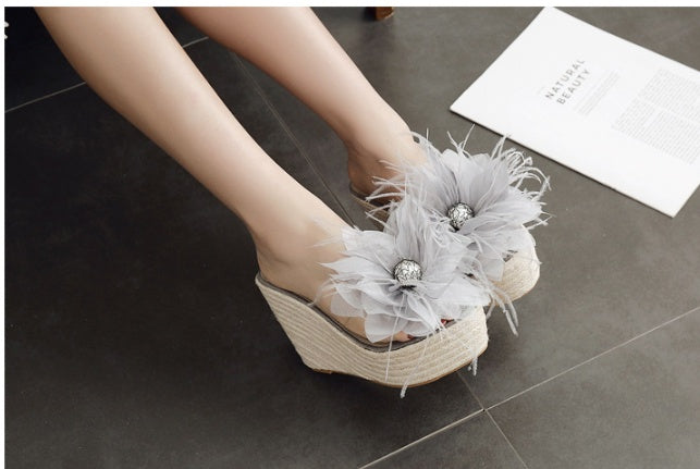 Summer thick bottom slope with Korean version of the big flower flip flops sandals