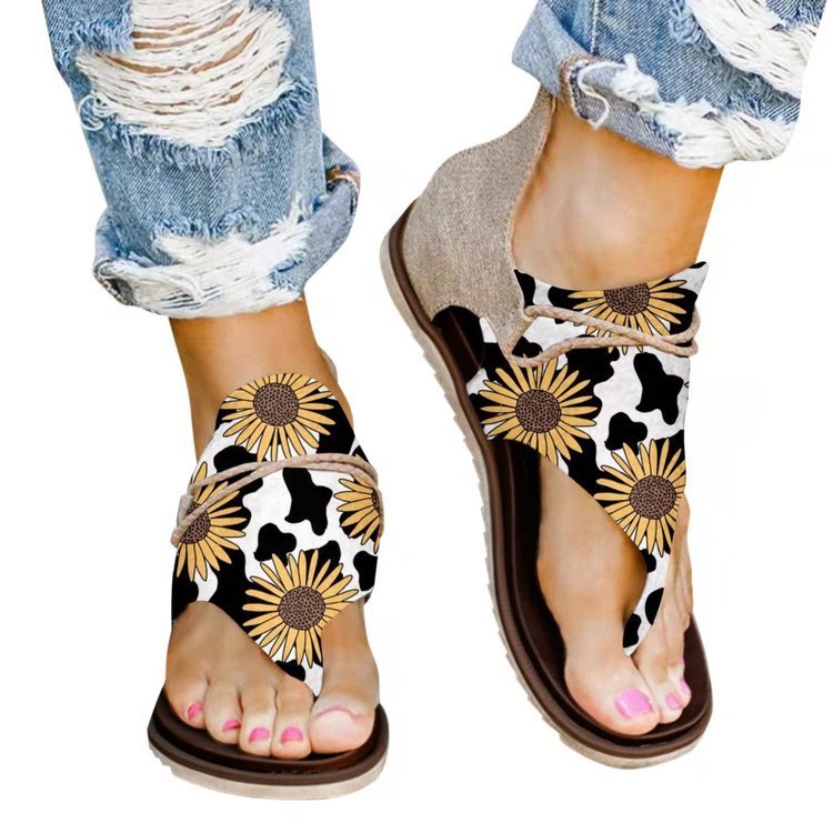 Spring And Summer Foreign Trade Printing Leopard Print New Large Size Ladies Flat Beach Sandals