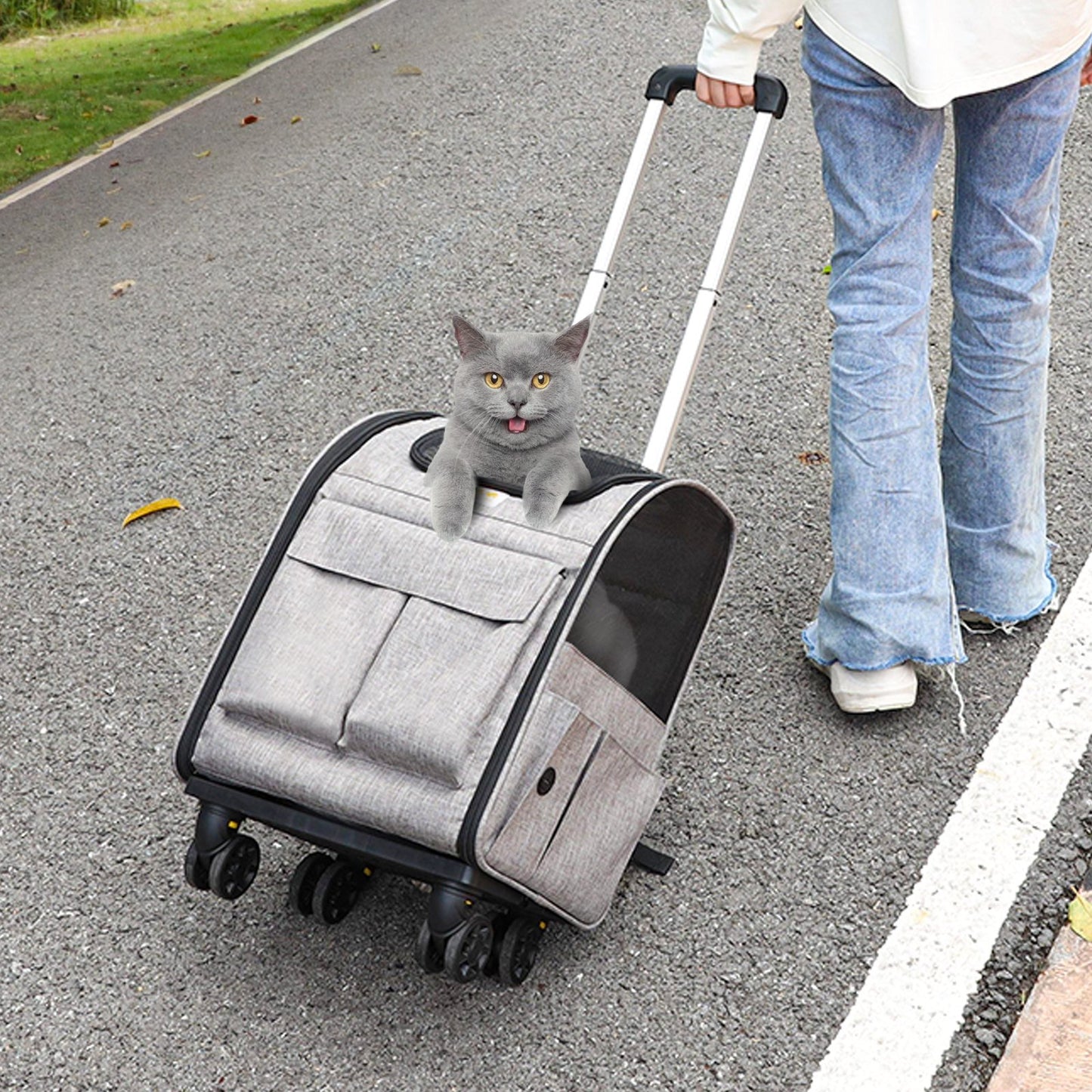 Rolling Pet Carrier Backpack With Removable Wheels For Under 18LBS, Large Soft Sided Wheeled Dog Carrier Cat Travel Carrier Airline Approved For Small Dogs And Medium Cats With Upgraded Wheels