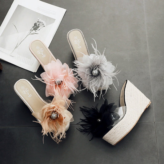Summer thick bottom slope with Korean version of the big flower flip flops sandals