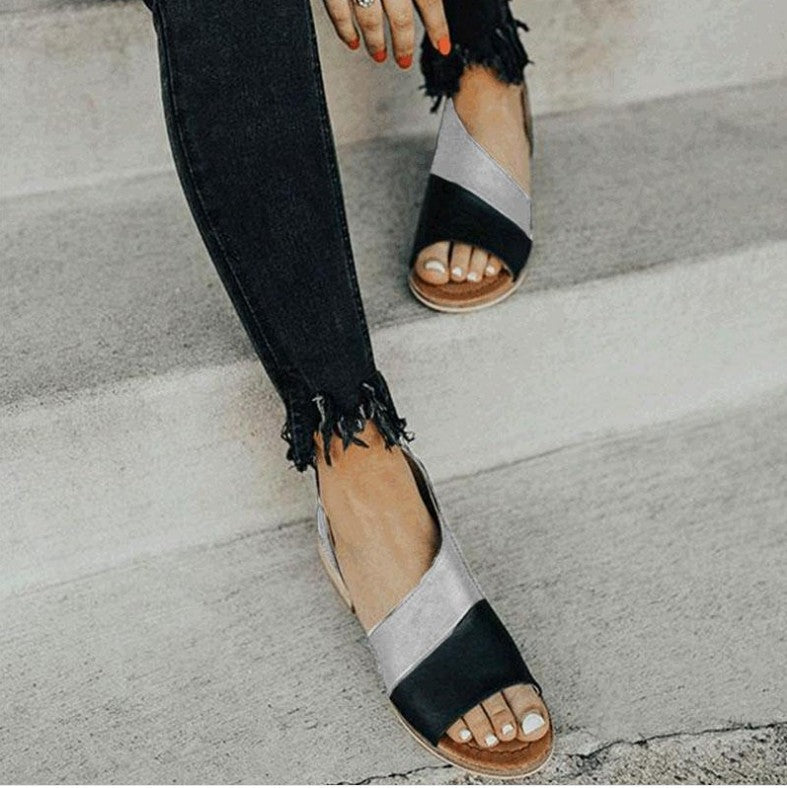 Wish speed sell spring and summer foreign trade fish mouth color matching mouth low square with large size ladies Europe and America sandals