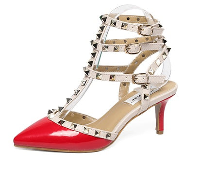 spring and summer chilli pepper rivets tip buckle high-heeled sandals