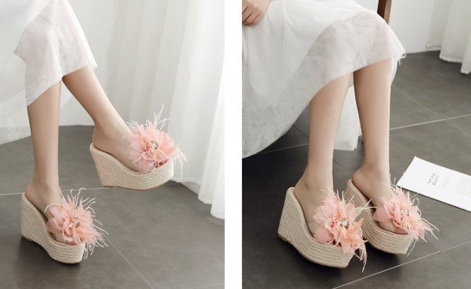 Summer thick bottom slope with Korean version of the big flower flip flops sandals