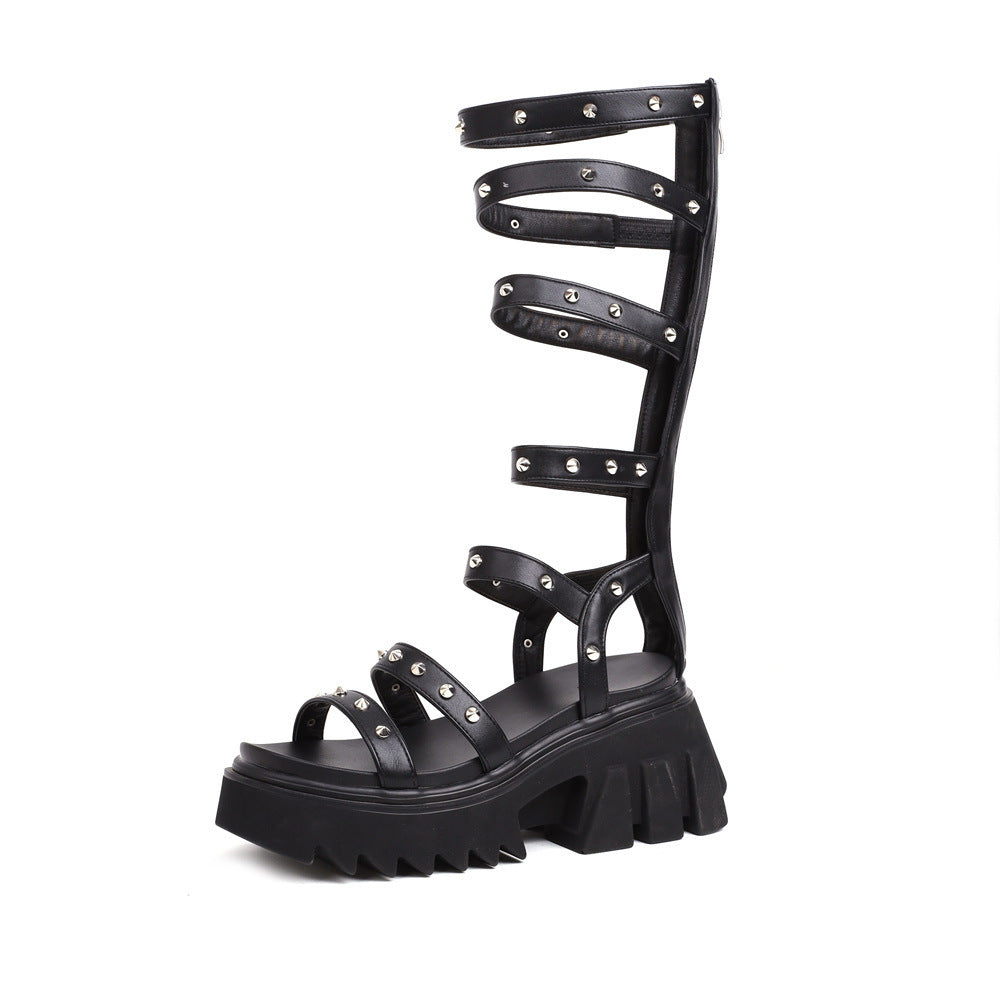 Roman Women's Sandals Open-Toe High-Top Thick-Soled Women's Sandals Summer Hollow Wedge Outer Wear Sandals Knee-Length Sandals Sandals