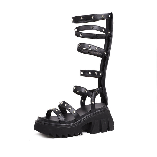 Roman Women's Sandals Open-Toe High-Top Thick-Soled Women's Sandals Summer Hollow Wedge Outer Wear Sandals Knee-Length Sandals Sandals