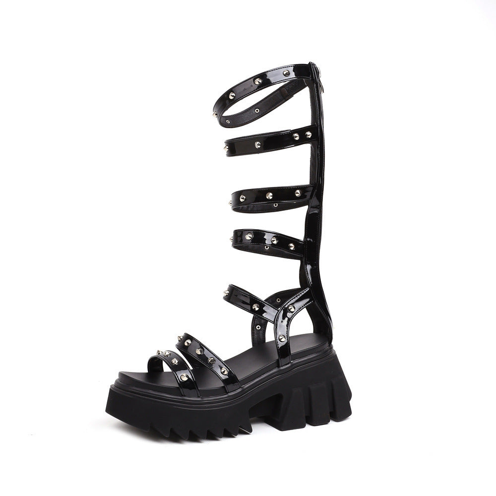 Roman Women's Sandals Open-Toe High-Top Thick-Soled Women's Sandals Summer Hollow Wedge Outer Wear Sandals Knee-Length Sandals Sandals
