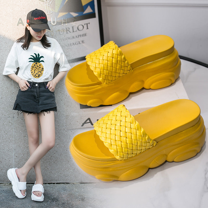 Bear Sandals And Slippers Women's Summer New Korean Fashion Woven Thick-Soled Muffin Flat-Shaped High-Heeled Slippers Women