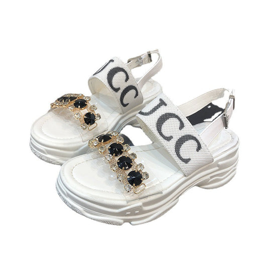 Net Red Rhinestone Sandals Female Ins Tide New Summer Hollow Sponge Cake Thick Bottom Word With Roman Beach Shoes