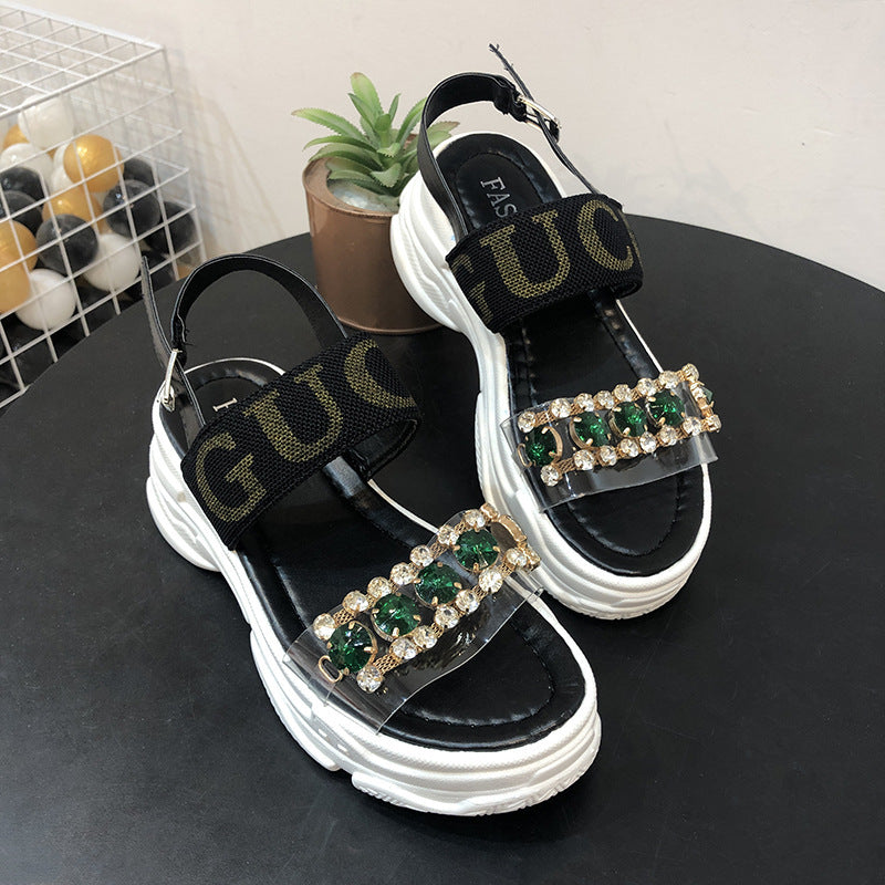 Net Red Rhinestone Sandals Female Ins Tide New Summer Hollow Sponge Cake Thick Bottom Word With Roman Beach Shoes