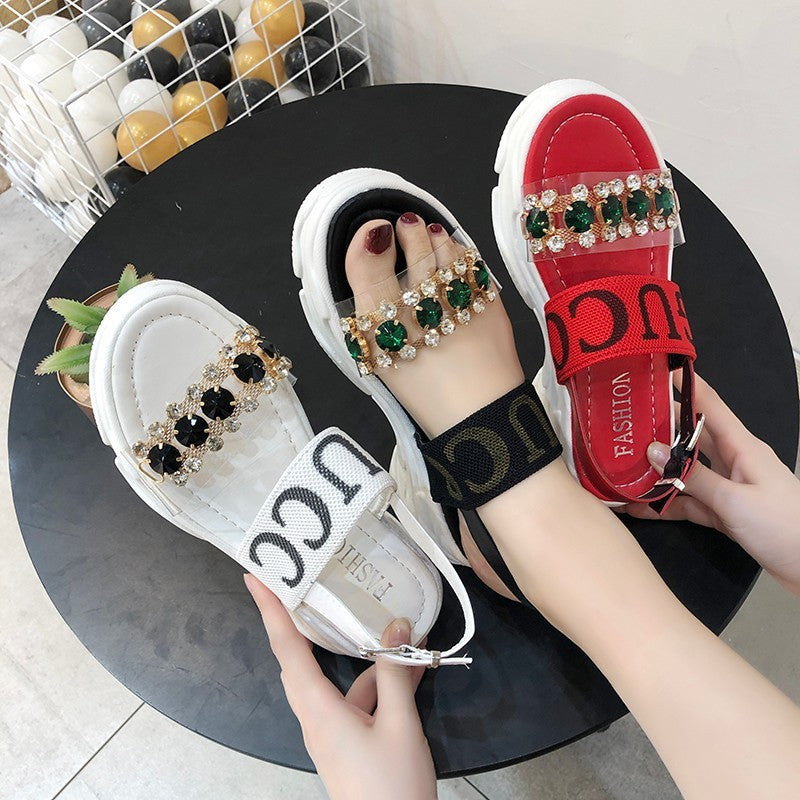 Net Red Rhinestone Sandals Female Ins Tide New Summer Hollow Sponge Cake Thick Bottom Word With Roman Beach Shoes