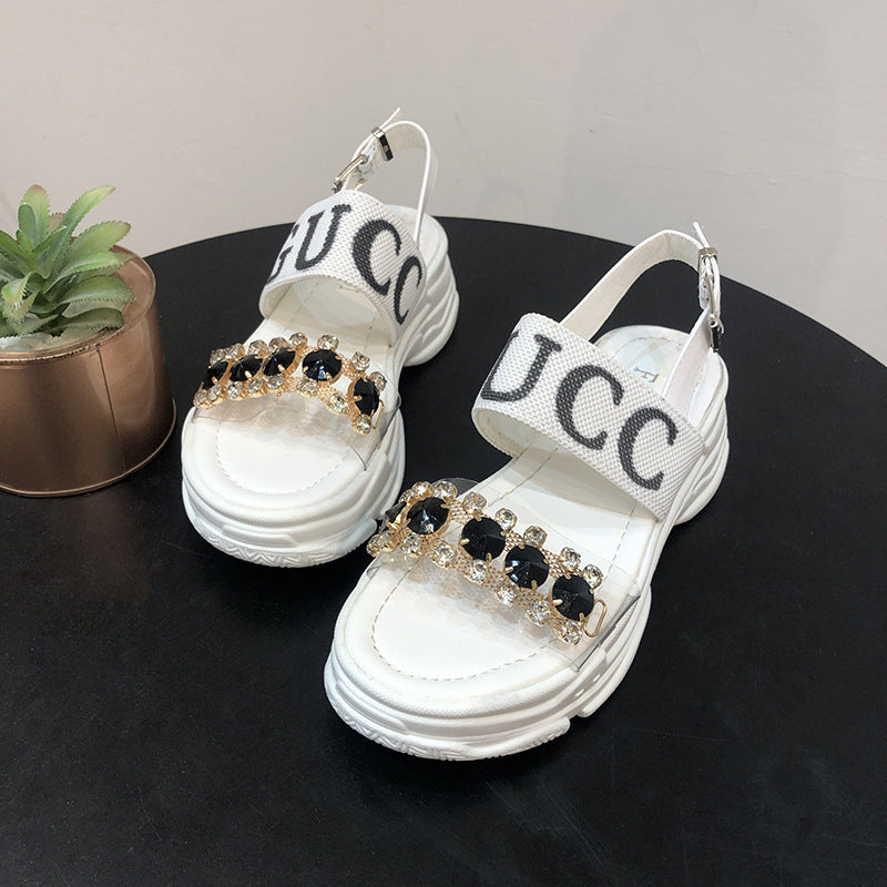 Net Red Rhinestone Sandals Female Ins Tide New Summer Hollow Sponge Cake Thick Bottom Word With Roman Beach Shoes