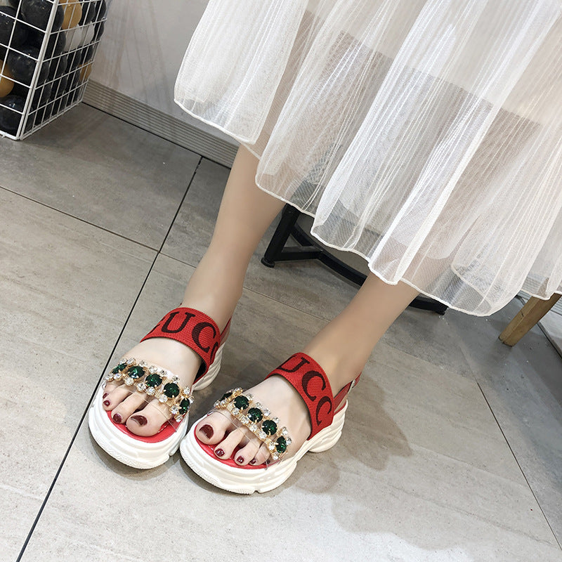 Net Red Rhinestone Sandals Female Ins Tide New Summer Hollow Sponge Cake Thick Bottom Word With Roman Beach Shoes