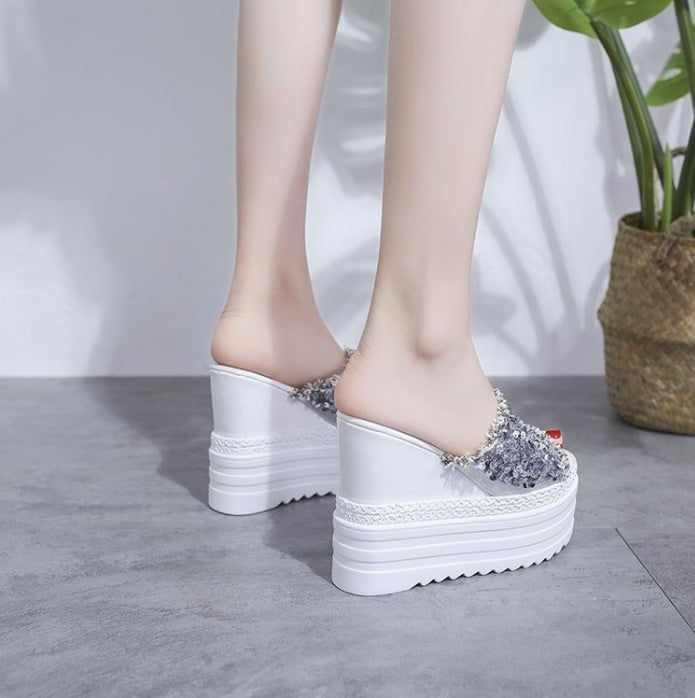 Korean Version Of High-heeled Slippers Women Summer New Women's Shoes Thick-soled Flip-flops With Sandals And Slippers With Rhinestones