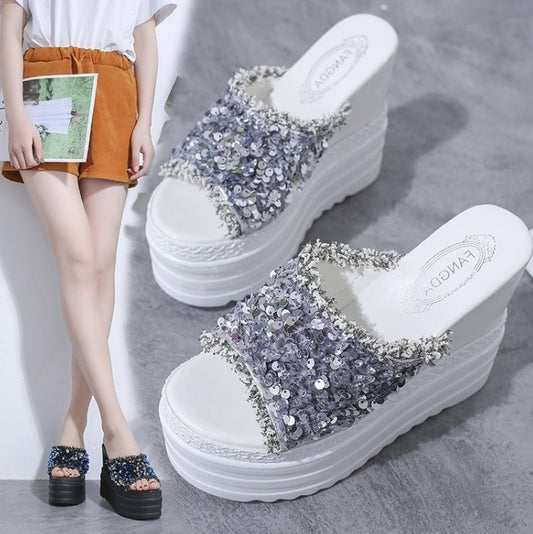 Korean Version Of High-heeled Slippers Women Summer New Women's Shoes Thick-soled Flip-flops With Sandals And Slippers With Rhinestones