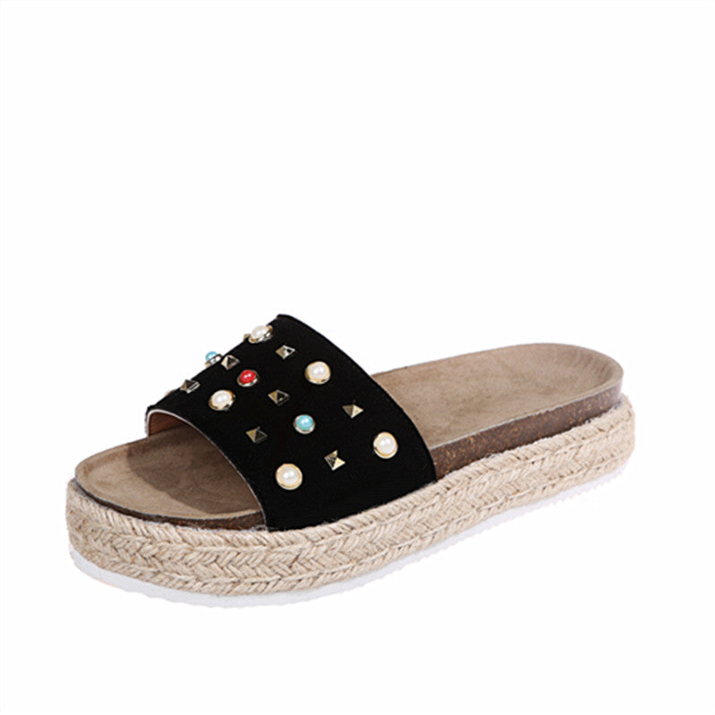Wish Amazon New Slippers Women Summer New Fashion Rivets One Word Outside Wear Large Size Sandals And Slippers Women