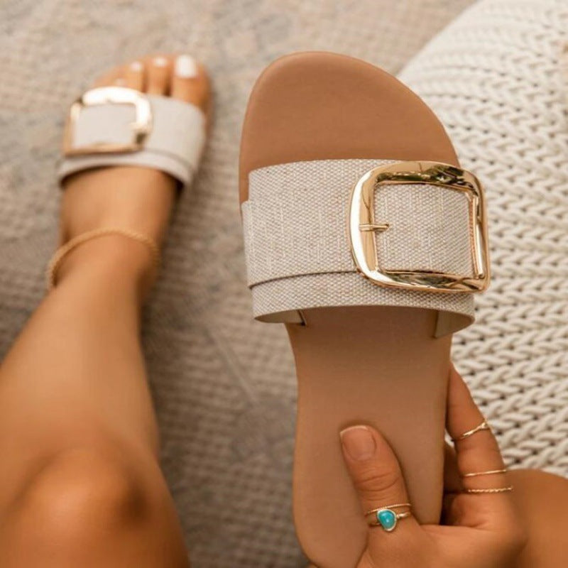 Summer Women's Slippers Buckle Leopard Print Sandals Flat Beach Shoes