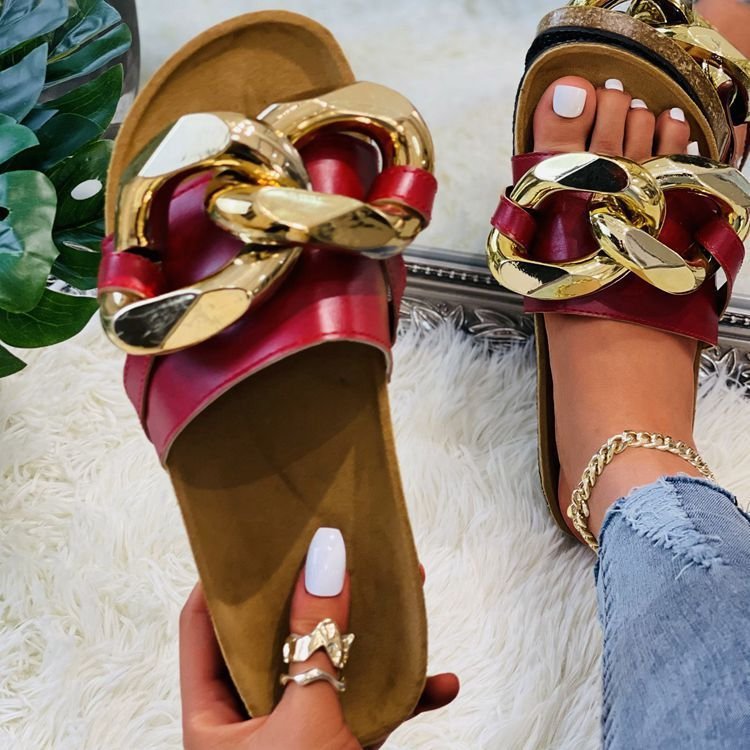 Summer Large Size Sandals And Metal Chain Flat Platform Slippers