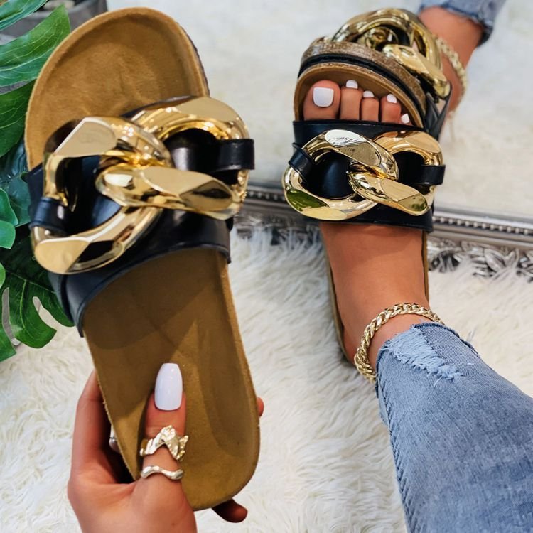 Summer Large Size Sandals And Metal Chain Flat Platform Slippers
