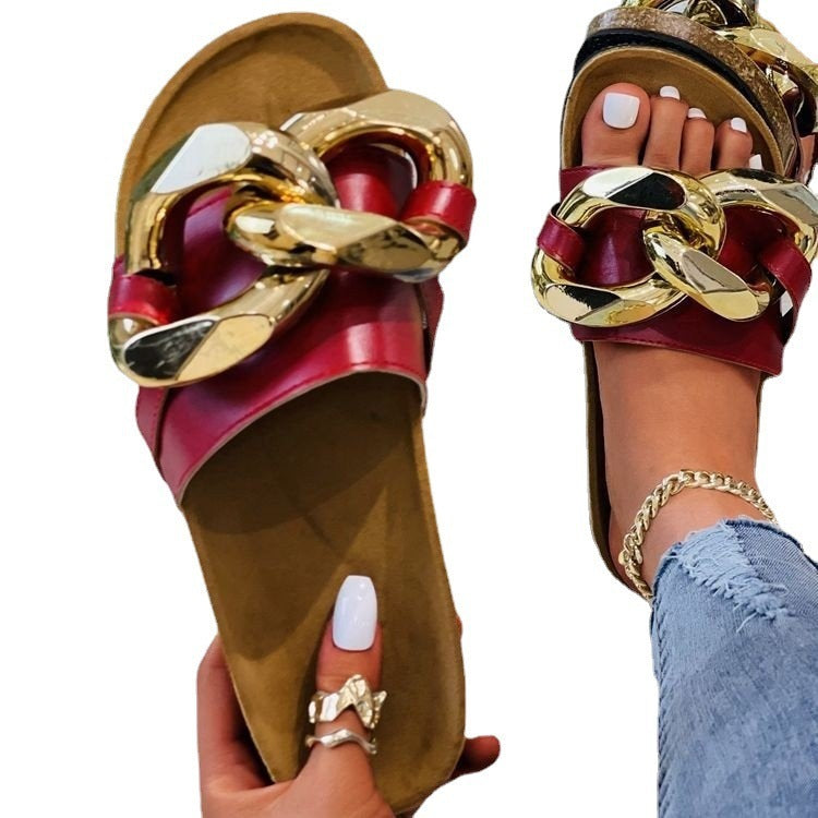 Summer Large Size Sandals And Metal Chain Flat Platform Slippers