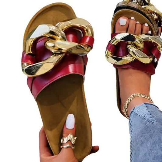 Summer Large Size Sandals And Metal Chain Flat Platform Slippers