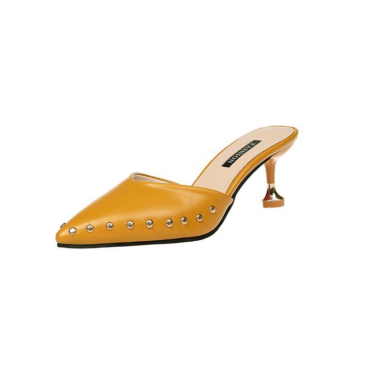 Summer One-word Baotou Sandals With Pointed Toe Rivets And Semi-trail Stiletto High Heels