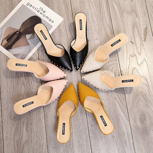 Summer One-word Baotou Sandals With Pointed Toe Rivets And Semi-trail Stiletto High Heels