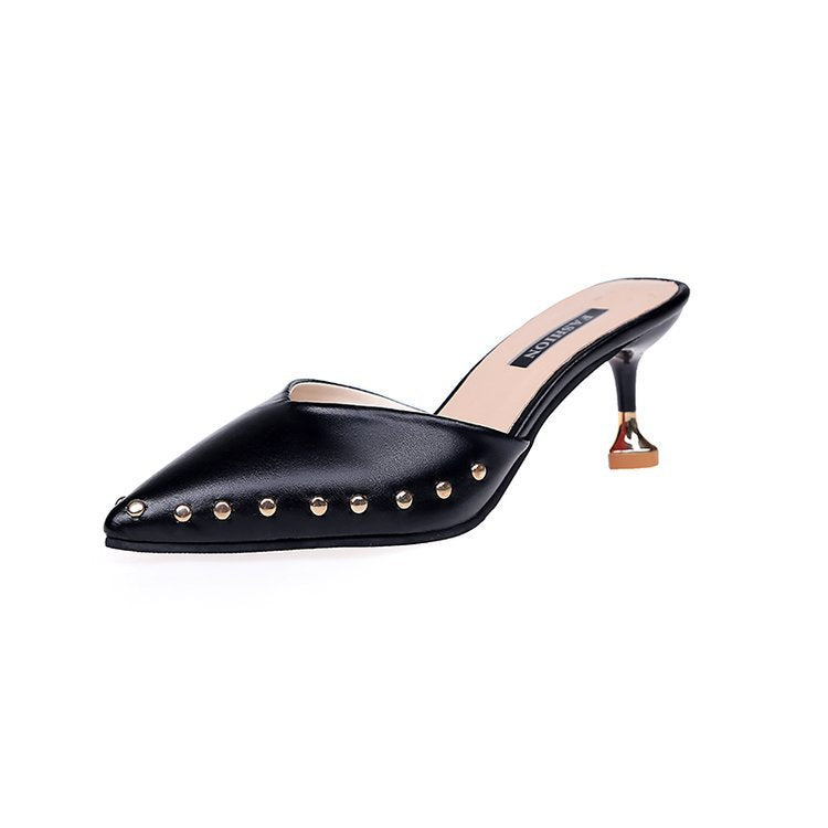 Summer One-word Baotou Sandals With Pointed Toe Rivets And Semi-trail Stiletto High Heels
