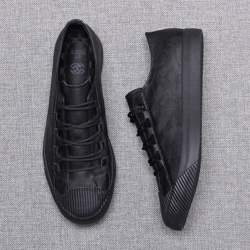 Leather Casual Shoes Korean Breathable Black Lace-up Sneaker Shoes