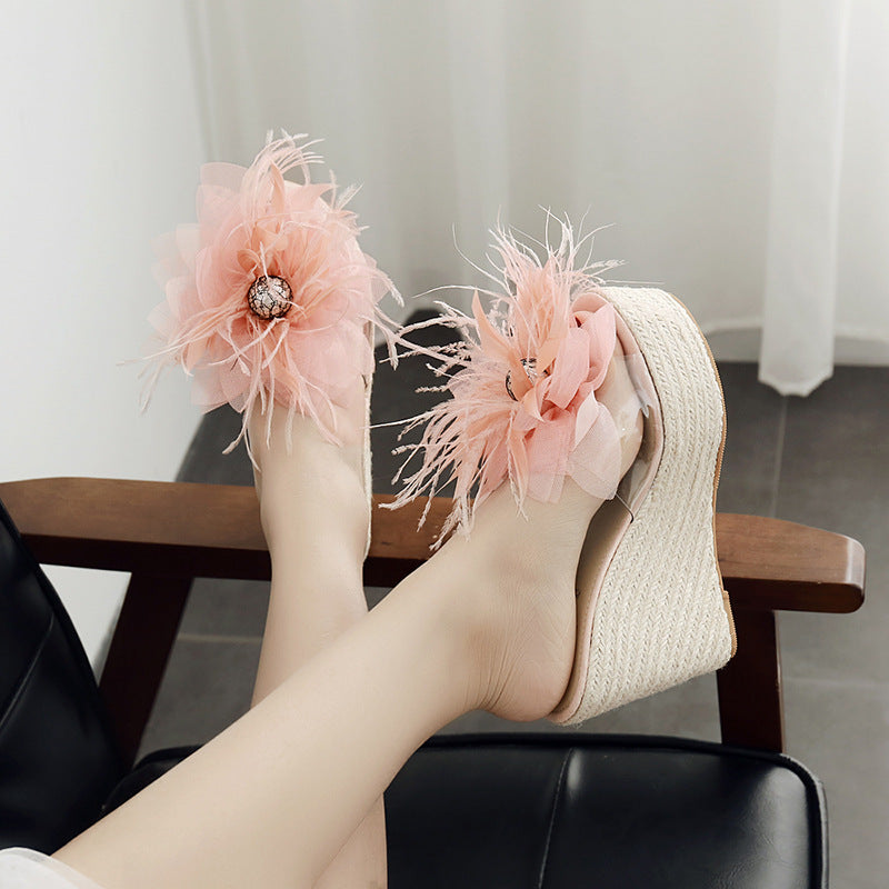 Summer thick bottom slope with Korean version of the big flower flip flops sandals