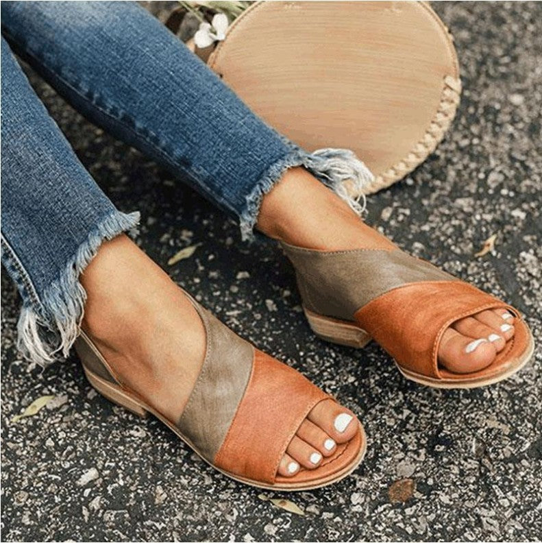 Wish speed sell spring and summer foreign trade fish mouth color matching mouth low square with large size ladies Europe and America sandals