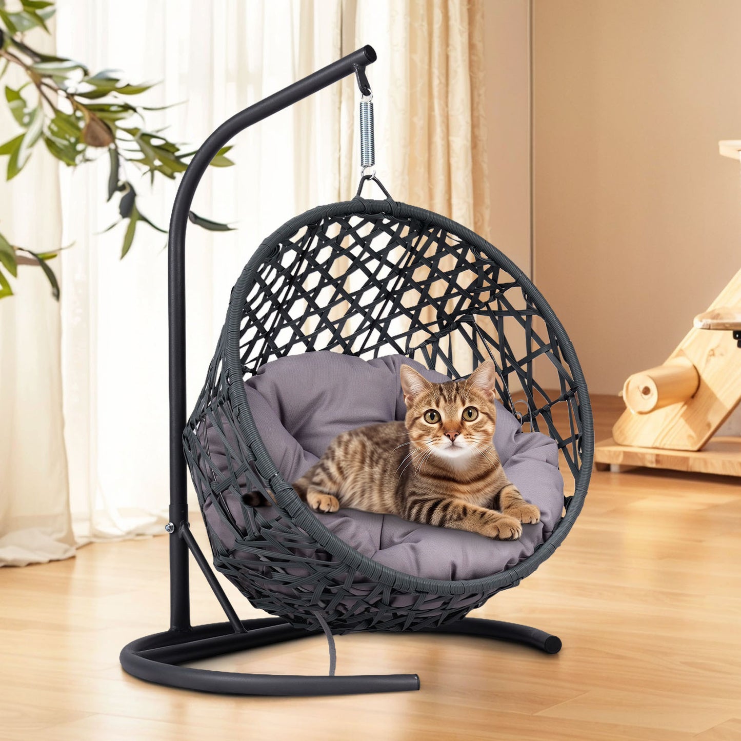 Cat Swing Bed With Stand And Cushion, Rattan Look Cat Egg Chair, Indoor Hanging Swing Cat Bed, Suitable For Cats, Small Dogs And Small Animals, Gray, Prohibited Platform Temu, Shein