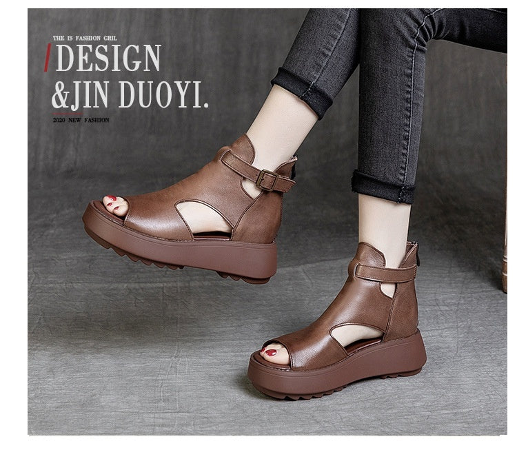 Summer New Retro First Layer Cowhide Back Empty Peep Toe Sandals For Women