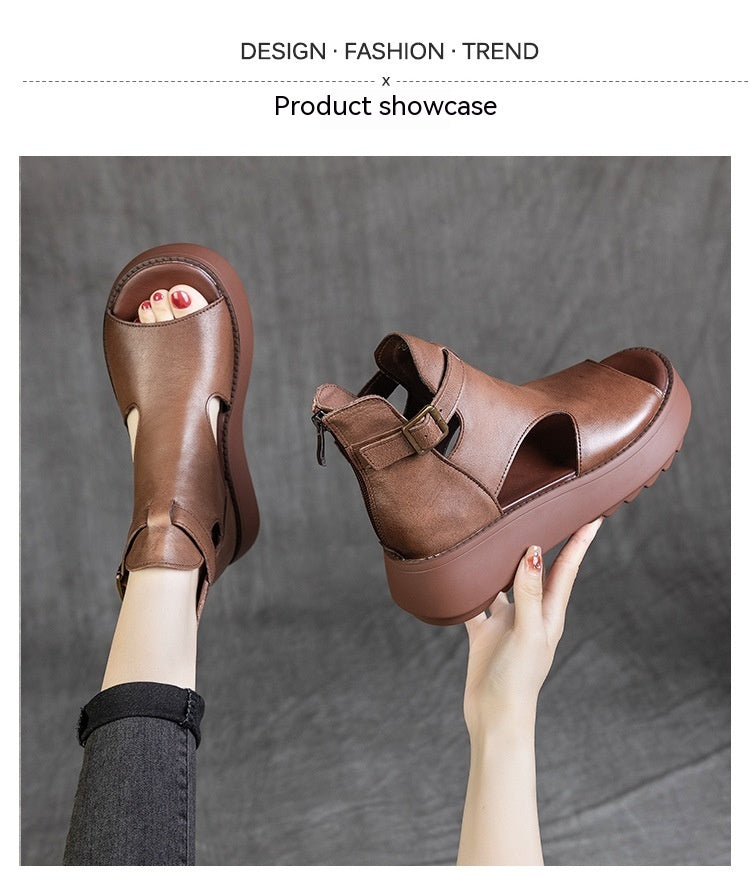Summer New Retro First Layer Cowhide Back Empty Peep Toe Sandals For Women