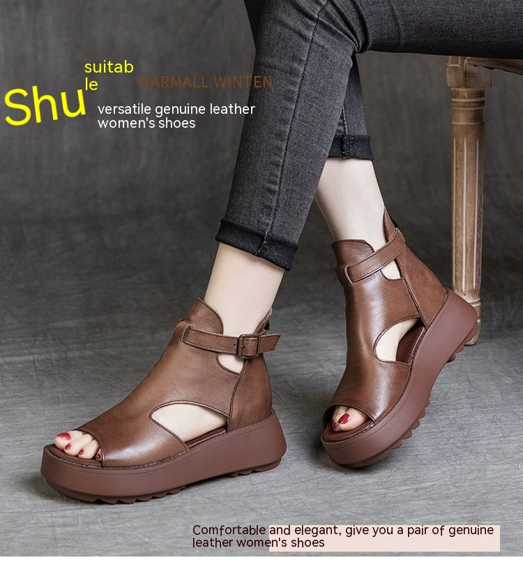 Summer New Retro First Layer Cowhide Back Empty Peep Toe Sandals For Women