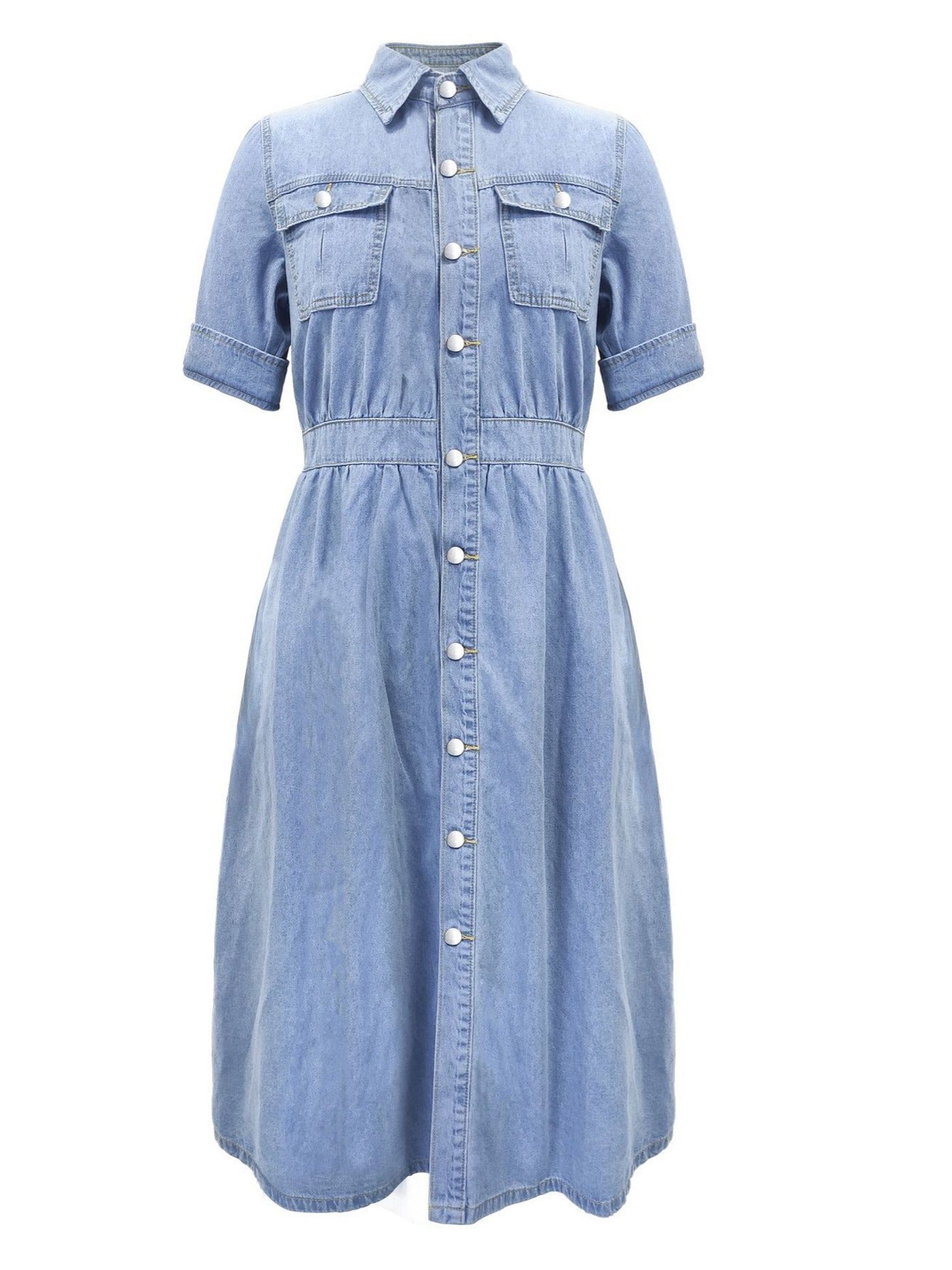 Versatile Casual A-Line Denim Dress with Pockets | Chic V-Neck, Rolled Sleeves | Spring/Fall Women's Midi