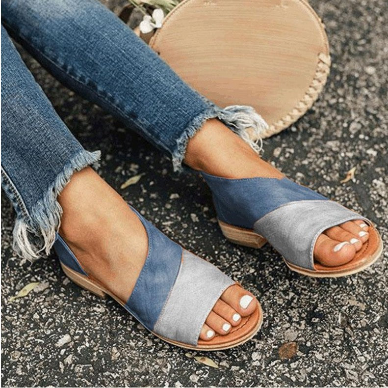 Wish speed sell spring and summer foreign trade fish mouth color matching mouth low square with large size ladies Europe and America sandals