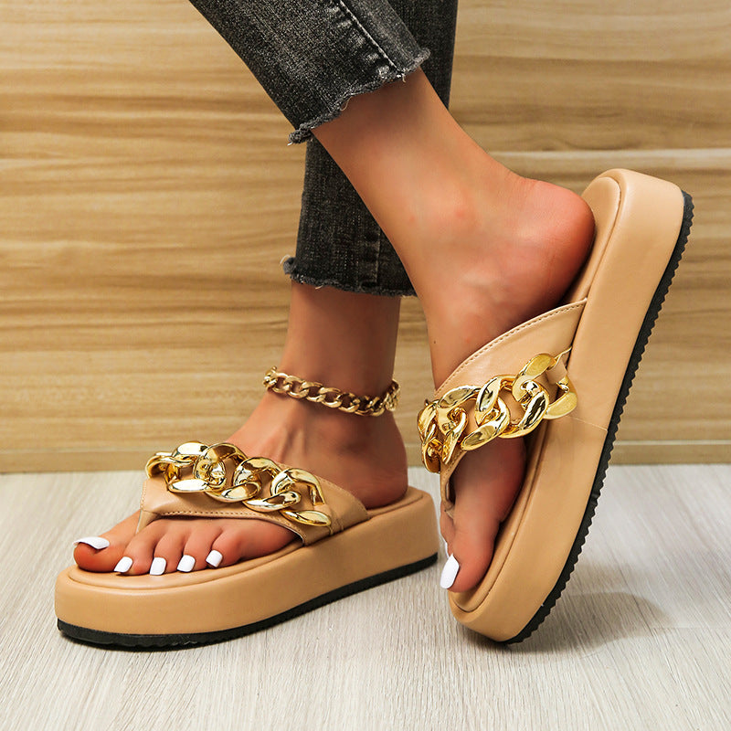 Chain Slippers Summer Fashion Thong Sandals Flip Flops Sponge Cake Platform Large Size Herringbone Shoes
