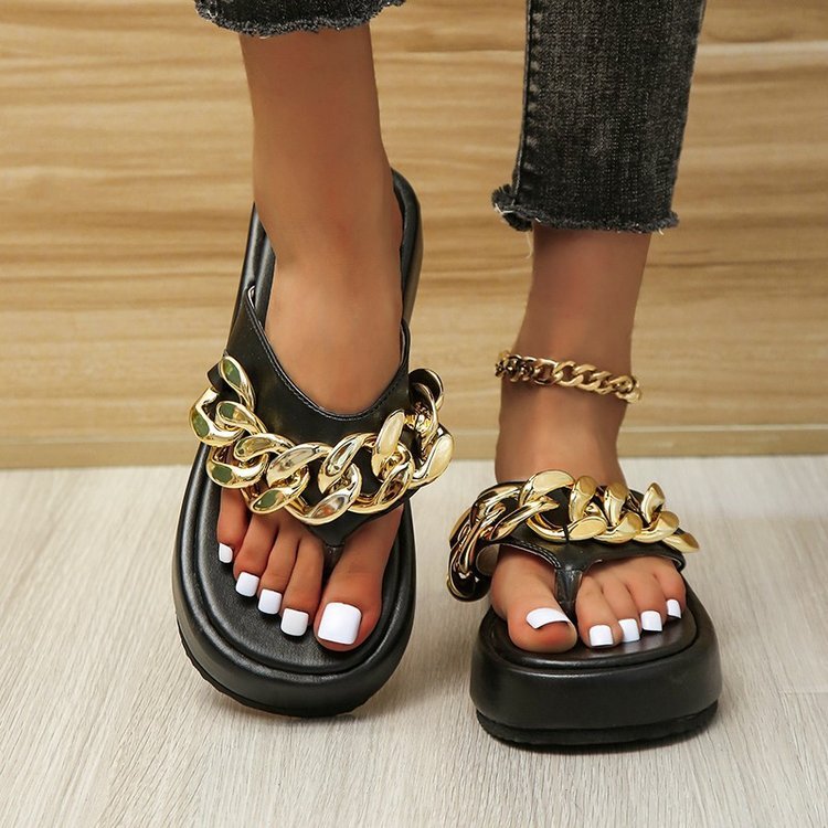 Chain Slippers Summer Fashion Thong Sandals Flip Flops Sponge Cake Platform Large Size Herringbone Shoes