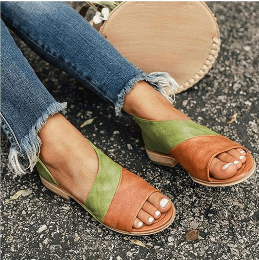 Wish speed sell spring and summer foreign trade fish mouth color matching mouth low square with large size ladies Europe and America sandals