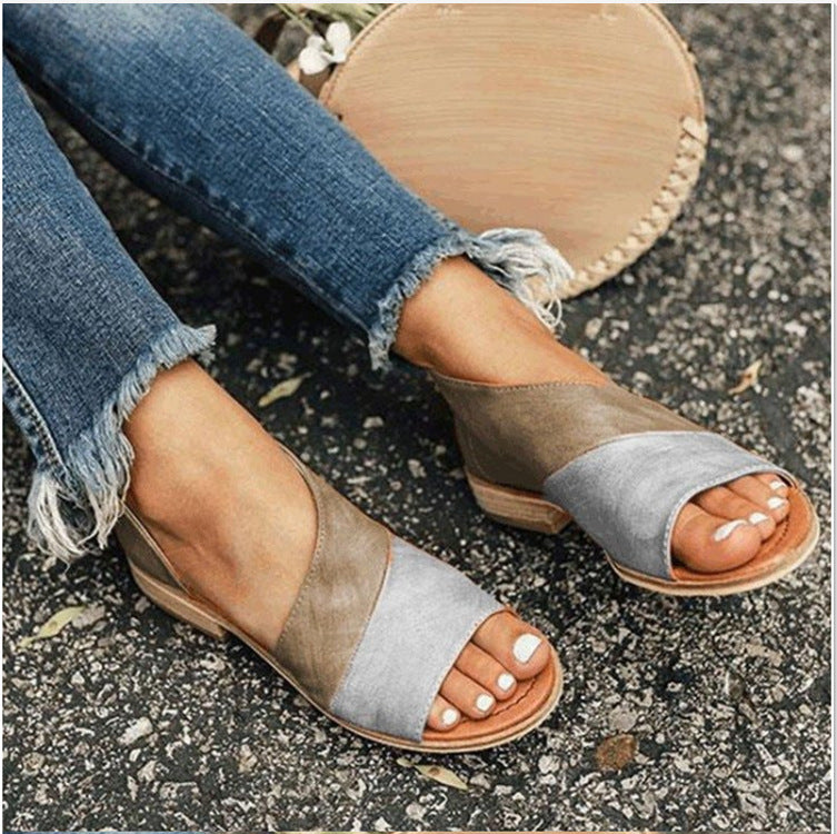 Wish speed sell spring and summer foreign trade fish mouth color matching mouth low square with large size ladies Europe and America sandals